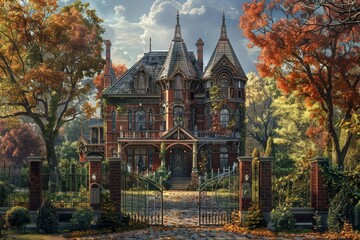 Obraz premium A charming Victorian house with a gated entrance, surrounded by colorful autumn foliage.