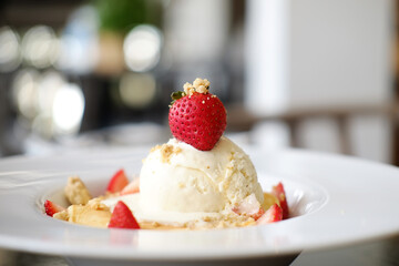 Homemade strawberry pancake at cafe and bakery shop