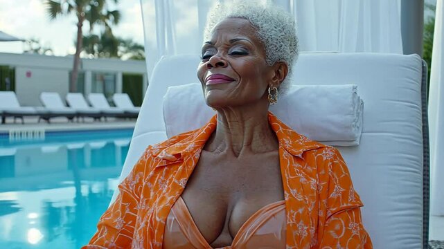 Elderly Woman Relaxing by the Poolside in Bright Attire on a Sunny Day Generative AI