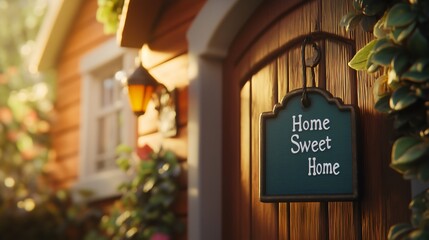 Hanged decorative outside sign with text or slogan "Home sweet home" on a closed wooden entrance door House exterior Lantern decoration Residential building Glass window 