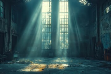 Obraz premium atmospheric abandoned warehouse interior with dramatic chiaroscuro lighting dusty beams of light cut through darkness creating a moody cinematic ambiance