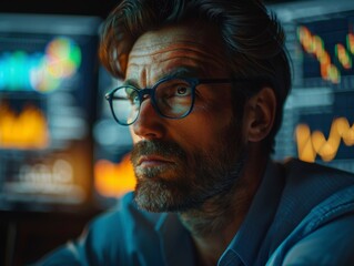 Intense Focus of Investor Making Critical Decision in Sophisticated Office Environment