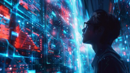 Futuristic Data Analyst Reviewing Complex Data Streams in High-Tech Data Center - Digital Painting