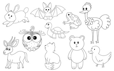 Hand drawn line art cartoon doodle animal wildlife collection of Rabbit, Owl, Bat, Fox, Ostrich, Mountain goat, Bear, Duck, Turtle, Toad