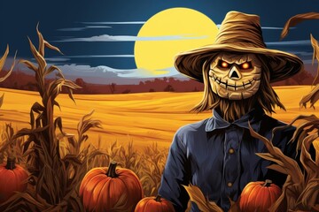 A full moon illuminating a scarecrow in a lonely field, the cornstalks whispering in the night wind in this autumnal illustration