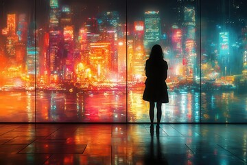 Fototapeta premium awestruck silhouette against vibrant 3d projection mapping swirling geometric patterns rich saturated colors futuristic urban nightscape