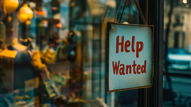 Outdoor sign on a retail store window with text "Help wanted" Employee recruitment Business owner hiring a worker Poster information Workplace job advertisement Cafe, shop exterior City bar Nobody 