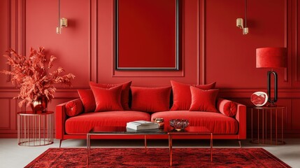 A bold red living room with a vibrant red sofa, red walls, and matching red decor.