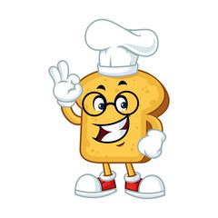 Happy cartoon chef bread mascot giving okay sign with two hands. 