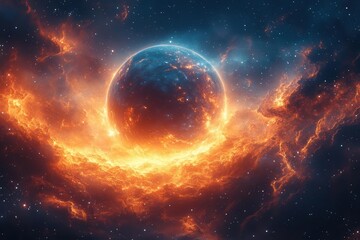 Obraz premium breathtaking view of a distant planet with swirling storms and vibrant colors set against the backdrop of a starfilled galaxy cosmic dust and nebulae create a dreamy atmosphere