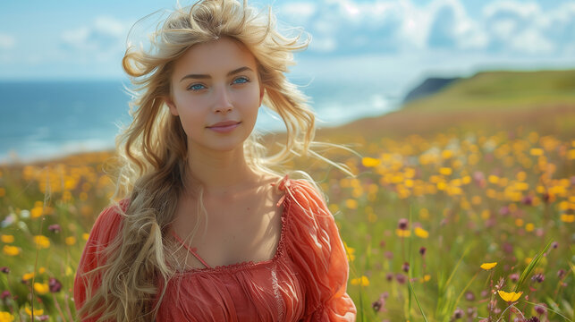 Portrait of Young Denmark woman Enjoying sunlight in summer Flower Field, Wearing Traditional Handcrafted Embroidery Dress, Relaxing and Smiling to The Camera, 