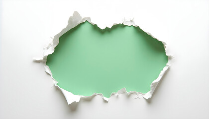 White torn in paper hole on white green background. Hole in the wall
