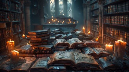 A mystical library with ancient books illuminated by candlelight.  The atmosphere is filled with mystery and intrigue.
