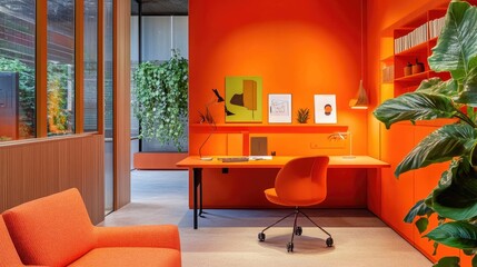 Bold orange office space with an orange desk, orange chair, and bright orange walls.