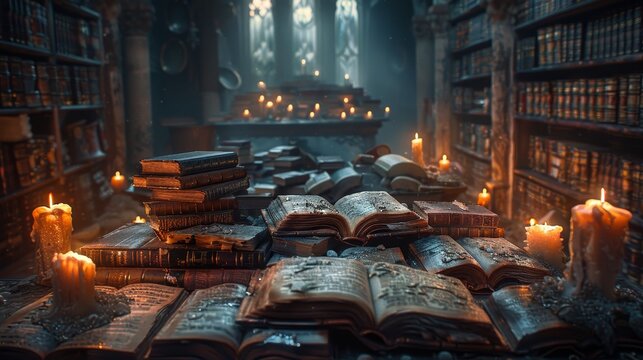 A mystical library with ancient books illuminated by candlelight.  The atmosphere is filled with mystery and intrigue.