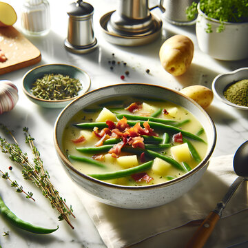 Bouneschlupp Green Bean Soup with Bacon on Marble Counter