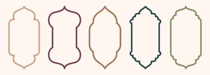 Shape Islamic door and window silhouette Arabic arch. Collection of patterns in oriental style. Frames in Arabic Muslim design for Ramadan Kareem. Vector mosque gate stroke isolated on white