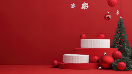 A podium made of crochet, Christmas vibes, for e-commerce merchandise presentation 