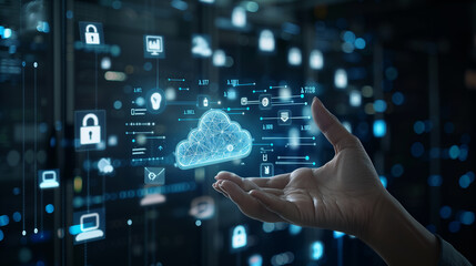 Fototapeta premium futuristic artificial intelligence based cloud database management system technology visualization through virtual display of icons or layers of virtual data 