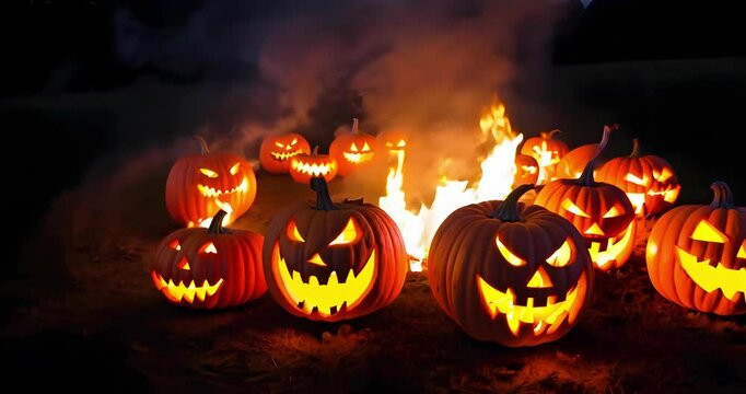 Halloween pumpkins on fire in spooky dark foggy forest. Camera slowly zoom out showing a lot of halloween pumpkins