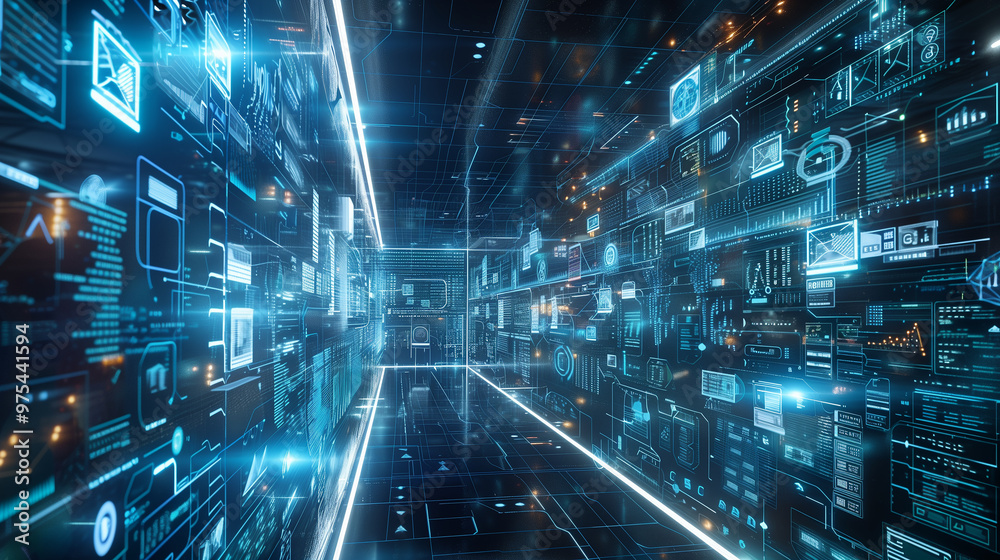 Poster futuristic artificial intelligence based cloud database management system technology visualization t