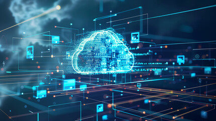 futuristic artificial intelligence based cloud database management system technology visualization through virtual display of icons or layers of virtual data 