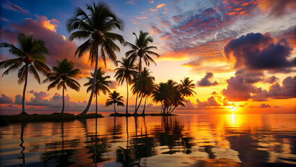 Obraz premium Vibrant tropical paradise with silhouetted palm trees. Stunning sunset reflecting on the water with palm trees.