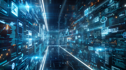 futuristic artificial intelligence based cloud database management system technology visualization through virtual display of icons or layers of virtual data 