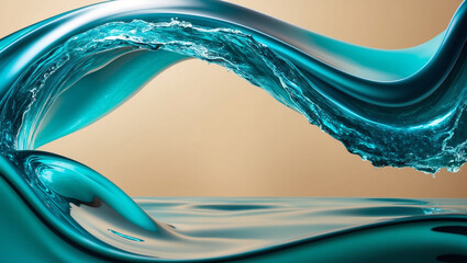 A luxurious teal swirling wave for advertisement backdrop background featuring a luxurious glowing ocean wave in deep blue and teal tone, creating movement and hydration