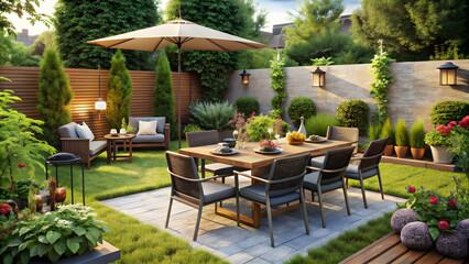 Obraz premium Inviting outdoor living space with grill, umbrella, and vibrant landscaping. Beautiful backyard patio perfect for entertaining guests or enjoying a peaceful meal.