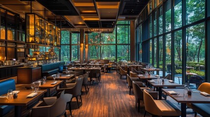 Fototapeta premium A modern restaurant interior with wooden floors, tables set for dining, and large windows overlooking a lush green outdoor space.