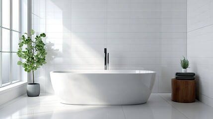 Fototapeta premium Bright white bathroom with sleek white tiles, a white bathtub, and glass accents.
