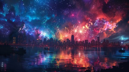 Fototapeta premium A vibrant, futuristic cityscape bathed in the glow of a spectacular, colorful firework display.