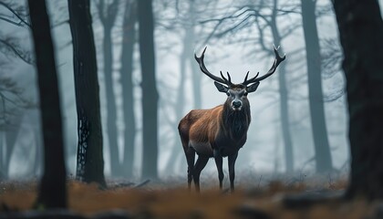 Majestic stag amidst the enchanting mist of a tranquil forest