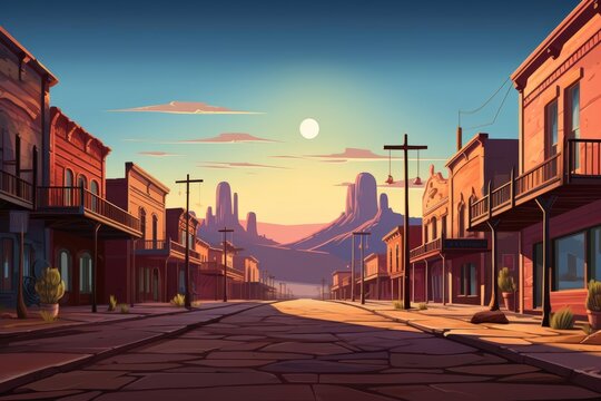 A full moon rising over an old western town, its light casting long shadows down the deserted main street in this historical illustration