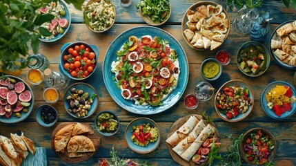 Crystal-clear shot of a vibrant Mediterranean mezze spread, various dishes, rustic table, 50 keywords