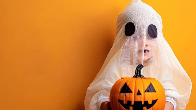 A joyful child in a ghost costume, featuring a light sheet and big black eyes, holds a smiling carved pumpkin against a vibrant orange backdrop, embodying Halloween fun and innocence.