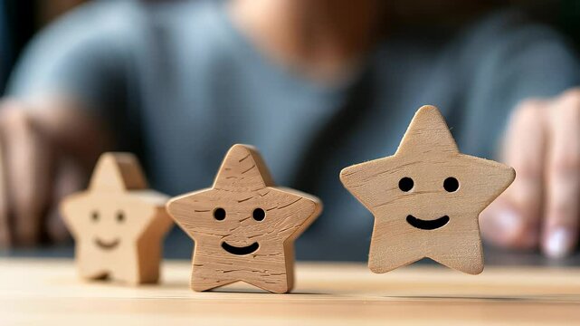 features three charming wooden star figures with smiley faces on a tabletop. Soft lighting highlights their warm texture, creating a cozy atmosphere. Ideal for projects on happiness and creativity.