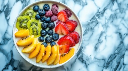 Tack-sharp photo of a colorful smoothie bowl, fruit toppings, marble background, 50 keywords