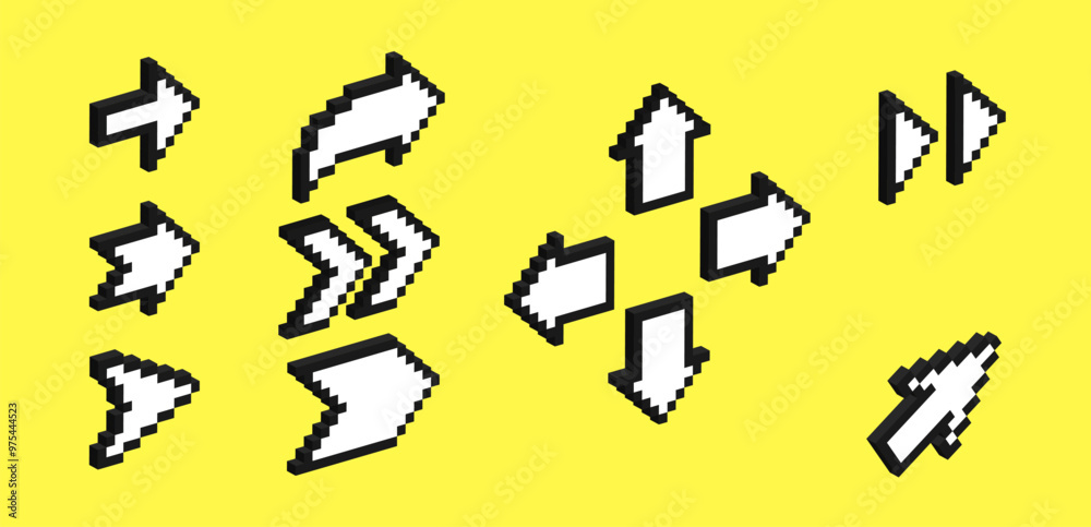 Fototapete Set of 3d arrows in pixel art style. Vector illustration of 8 bit game assets.