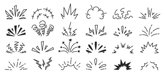 Cartoon doodle of bomb explosion with sparks and confetti. Manga elements for marking of burst, surprise or splash. Sketch vector illustration. Editable stroke.