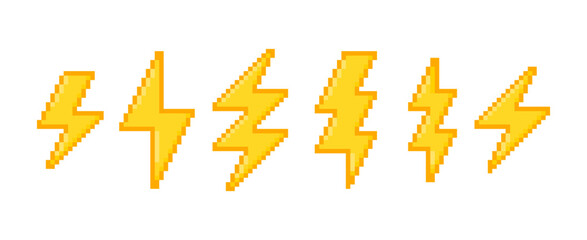 Set of lightning bolt, thunder, electric or weather icon in pixel art style. Retro vector illustration on a white background.