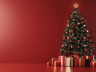 Christmas tree deco with gifts, red wall background