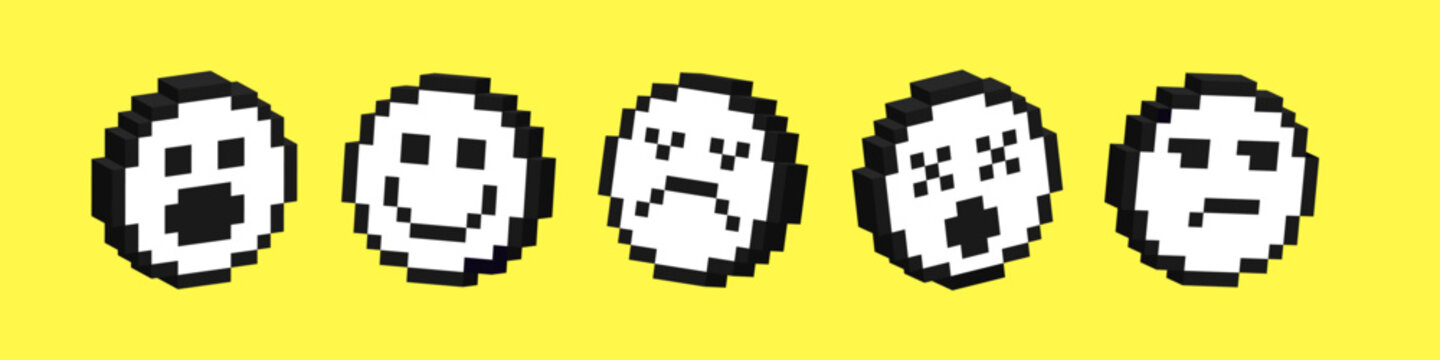 Set of 3d smile icons. Pack of pixelated emoji icons. Emoticons pixel art. 8-bit retro vector illustration.