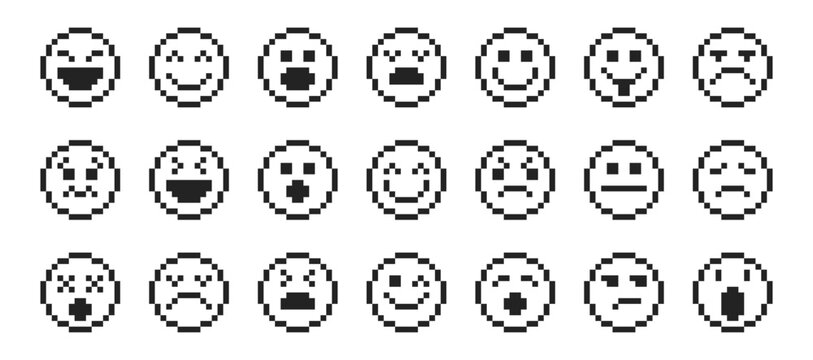 Set of smile icons. Pack of pixelated emoji icons. Emoticons pixel art. 8-bit retro vector illustration.