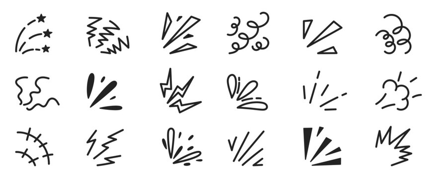Japanese doodle of bomb explosion with sparks and confetti. Manga elements for marking of expression, surprise or exclamation. Sketch vector illustration. Editable stroke.