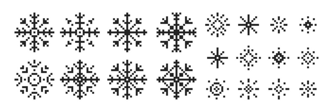 Set of snowflakes or snow icon in pixel art. Retro vector illustration.