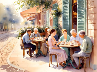 Fototapeta premium a painting of a group of people sitting at a table outside