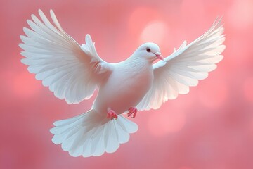 elegant white dove in midflight against ethereal pastel backdrop feathers catch soft light symbolizing peace and hope minimalist yet powerful composition