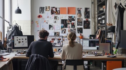 High-definition capture of a creative studio space, designers at work, mood board visible, 50 keywords